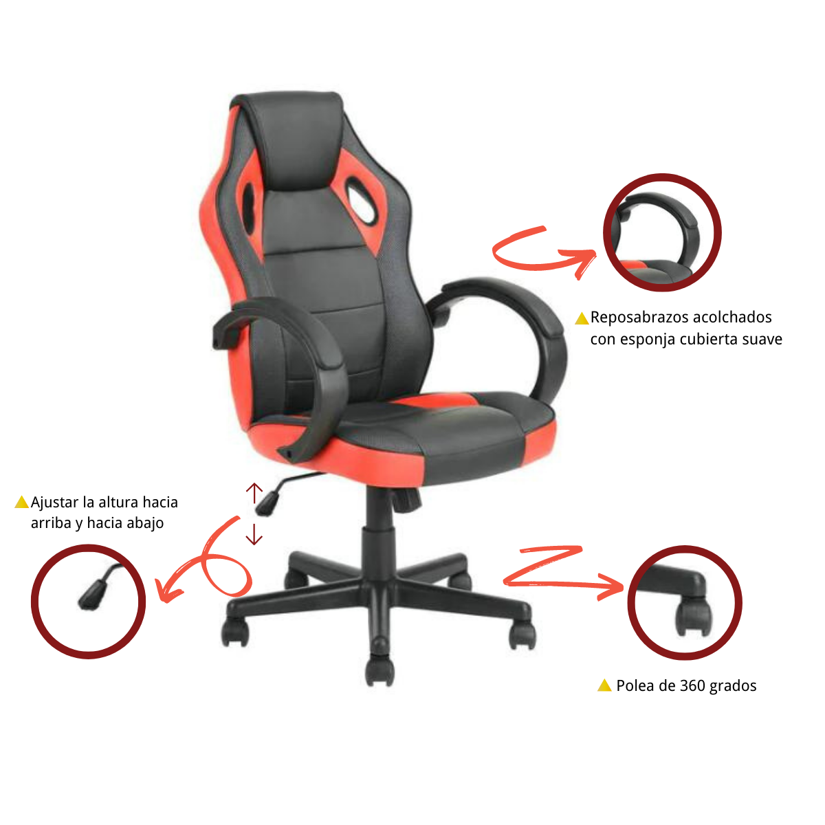 FurnitureR Gaming Chair Silla de ruedas de cuero Silla de juego ergonómica ajustable Rojo