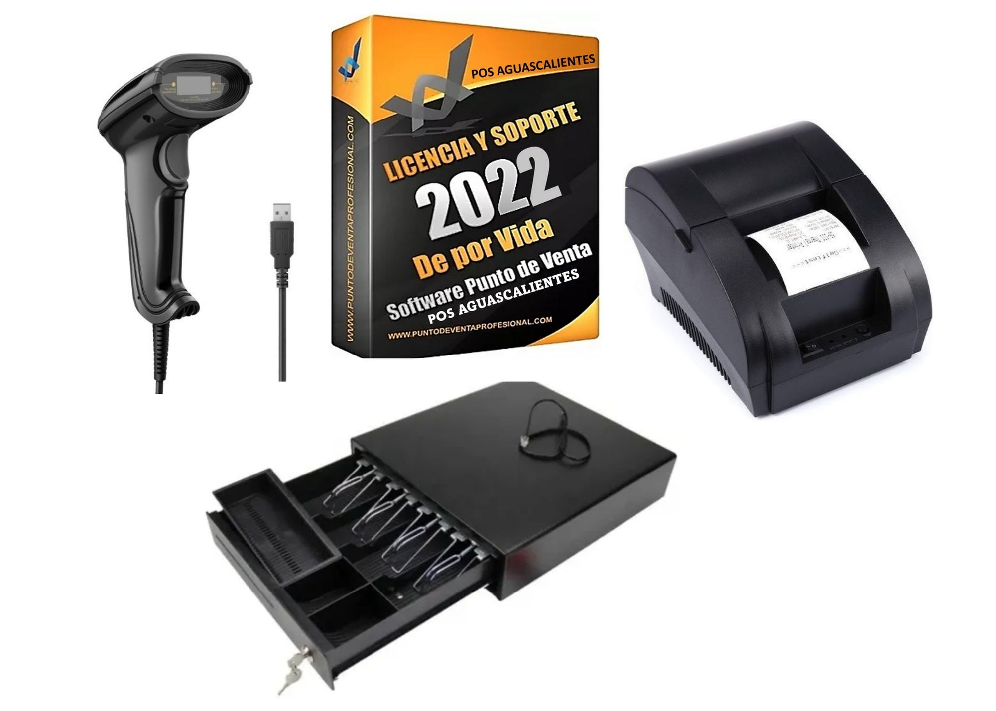 Kit Punto de Venta Impresora de ticket, Cajon de dinero, Lector de códigos y Software Inventarios