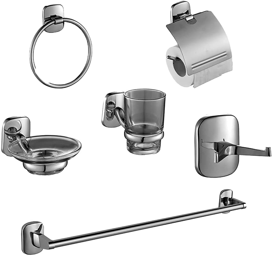 Set de Accesorios para Baño de 6 Piezas en Zinc - Incluye Toallero, Gancho, Jabonera, Portarrollos, Portavasos y Toallero Anillo - Acabado Cromado Elegante, Fácil Instalación.