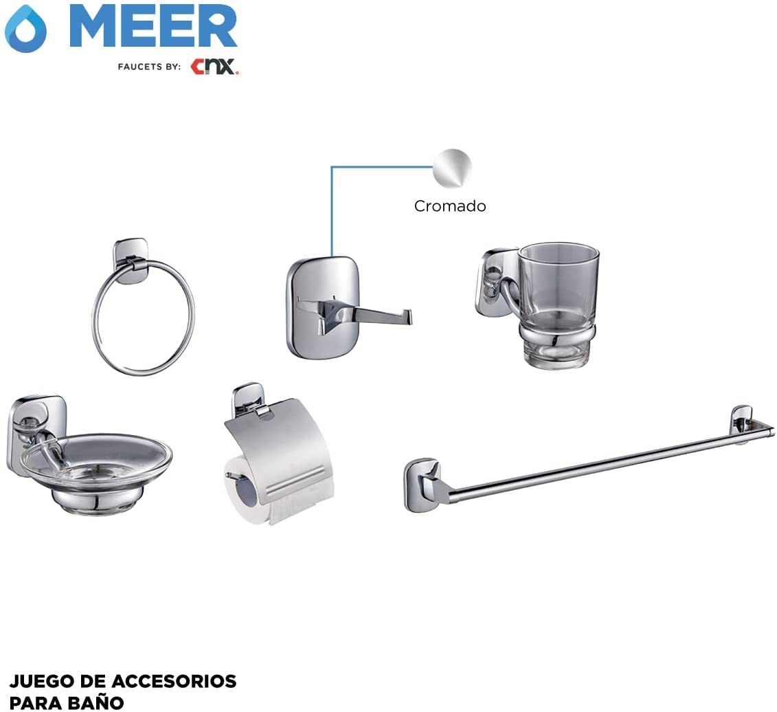 Set de Accesorios para Baño de 6 Piezas en Zinc - Incluye Toallero, Gancho, Jabonera, Portarrollos, Portavasos y Toallero Anillo - Acabado Cromado Elegante, Fácil Instalación.