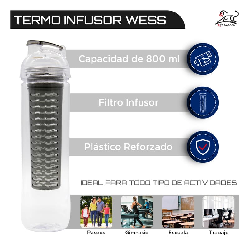 Recipiente Para Agua Modelo Glow, Botella Con Infusor De Frutas 800 ml Marca Red Baboon