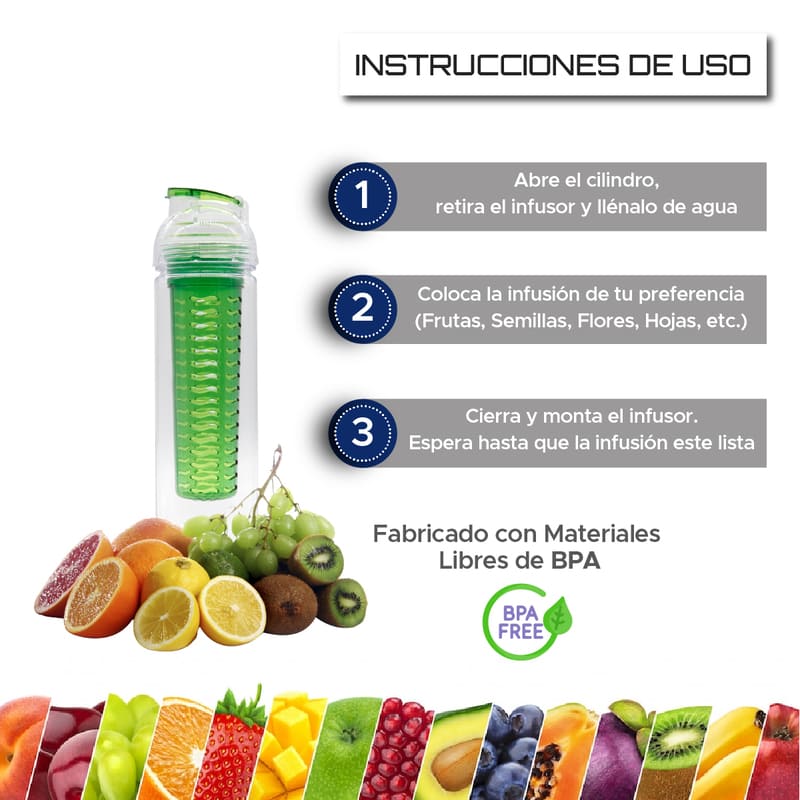 Recipiente Para Agua Modelo Glow, Botella Con Infusor De Frutas 800 ml Marca Red Baboon