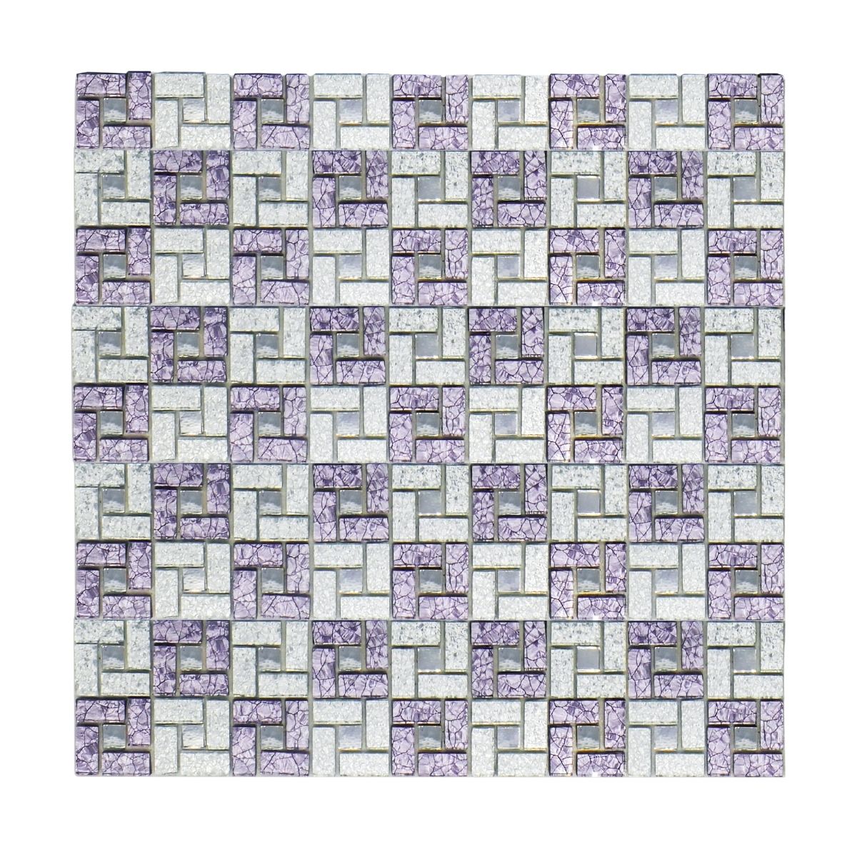 Malla o Mosaico Decorativo Adherible de Vidrio SA, medida 30 X 30 cms (base por altura). Diseño en tonos plata y morado. Caja con 5 piezas.