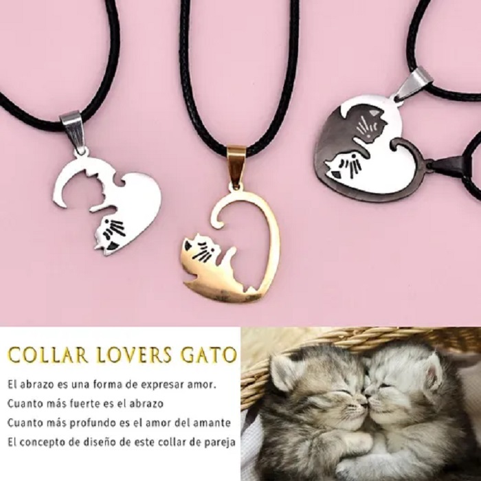 Collares De Pareja Yin Yang Gatos Acero Inoxidable Negro