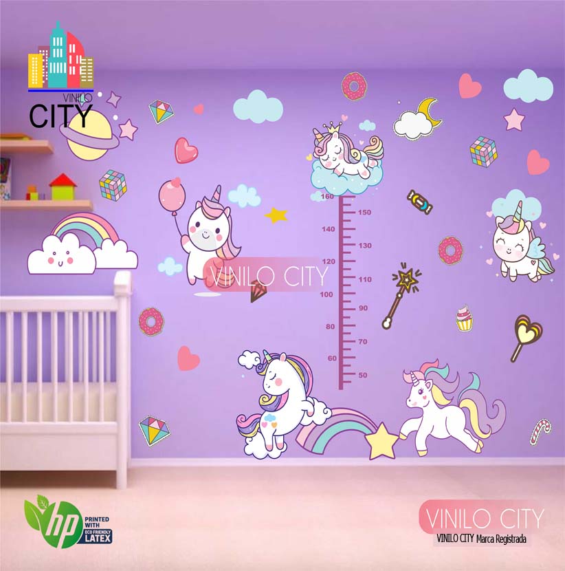 Vinil decorativo Infantil para cuarto de niña Unicornios con medidor de estatura