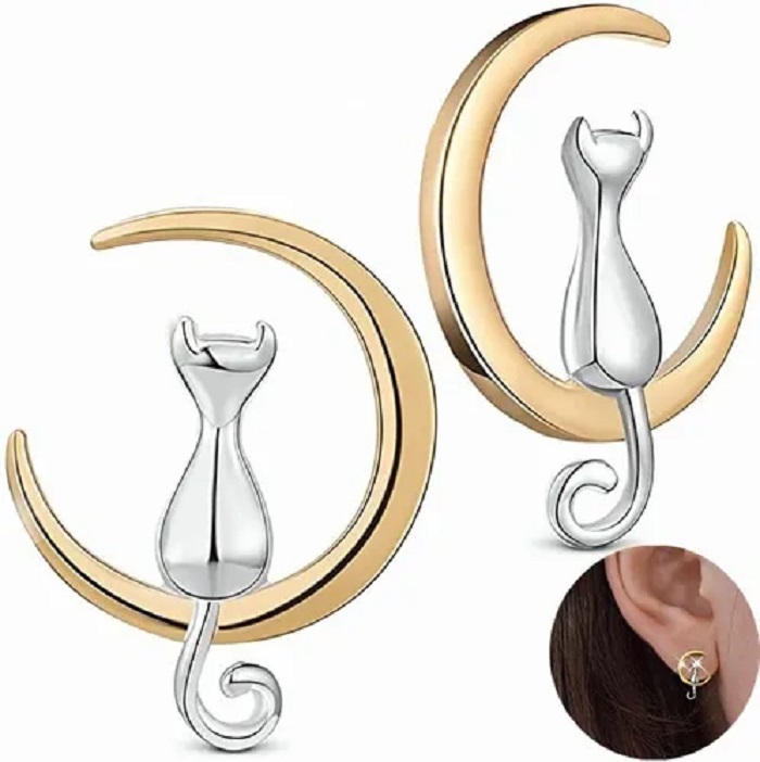 Aretes De Plata S925 Luna Y Gato Diseño