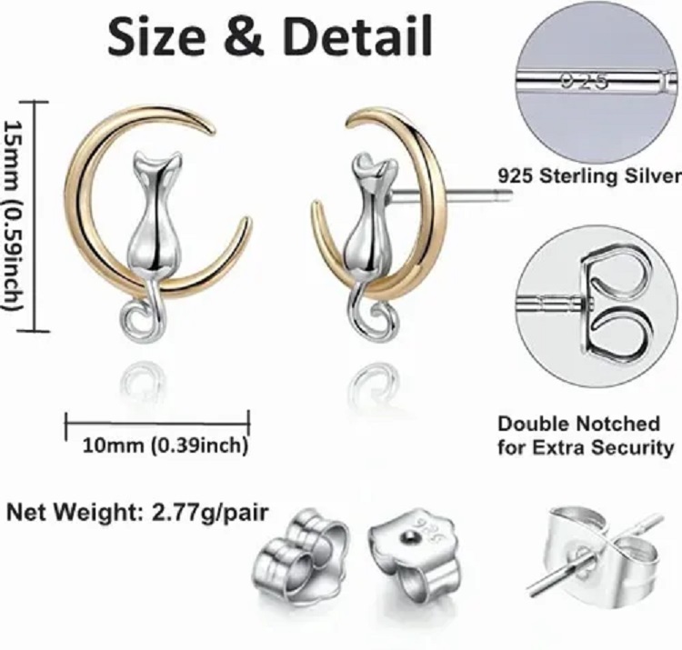 Aretes De Plata S925 Luna Y Gato Diseño
