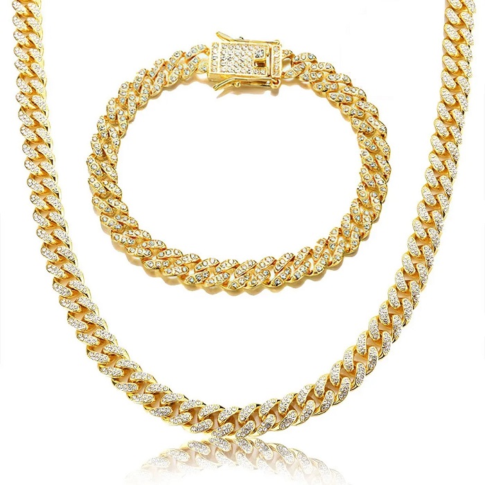 Conjunto De Pulsera Y Cadena Cubana Hip-hop Dorada