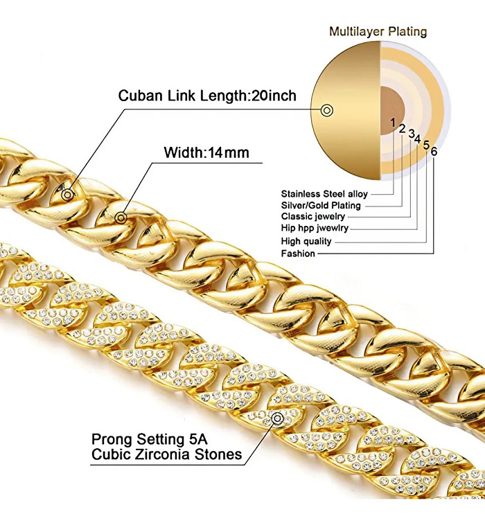 Conjunto De Pulsera Y Cadena Cubana Hip-hop Dorada