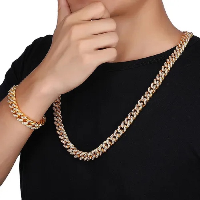 Conjunto De Pulsera Y Cadena Cubana Hip-hop Dorada
