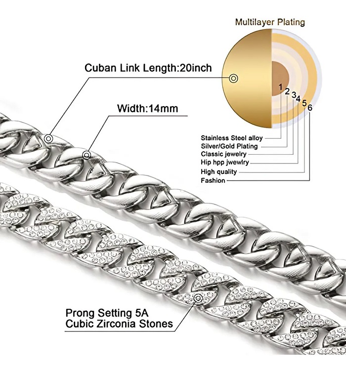 Conjunto De Pulsera Y Cadena Cubana Hip-hop Plata