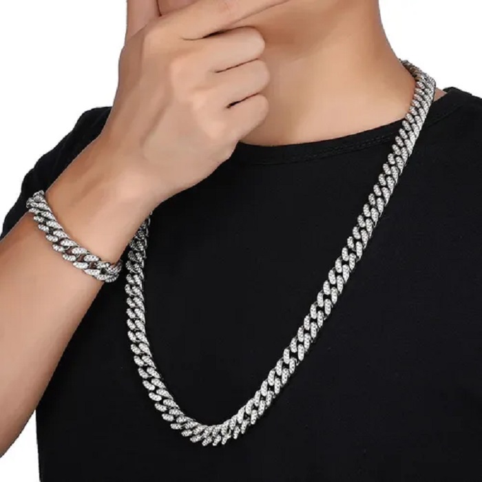 Conjunto De Pulsera Y Cadena Cubana Hip-hop Plata