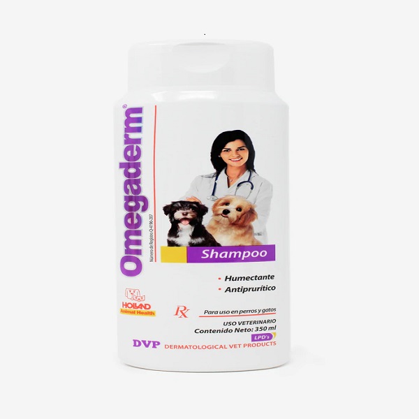 Shampoo Omegaderm Marca Holland 350 ml para perros y gatos accion Humectante