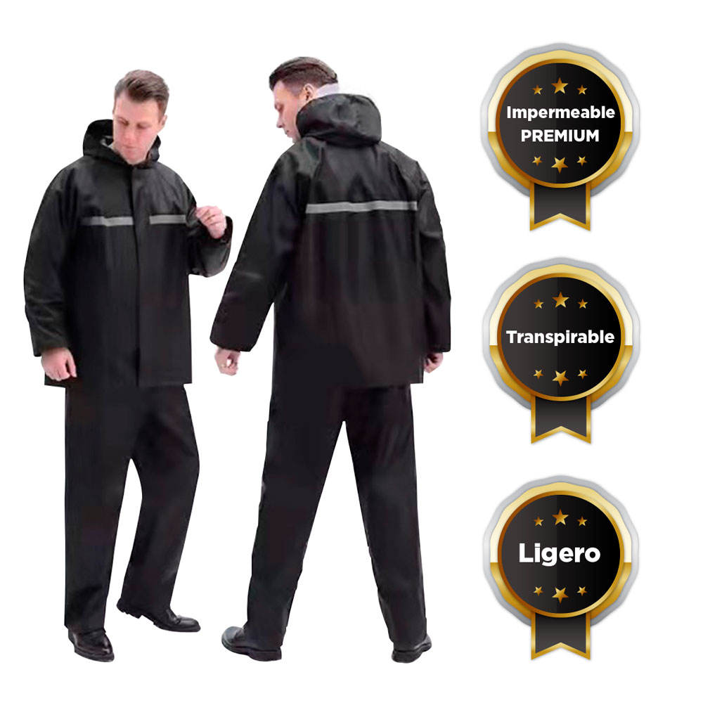 Traje Impermeable Negro con Gorro  Para Adulto 2 PZAS  con Reflejante Pantalon Y Chamarra Para Motociclista.