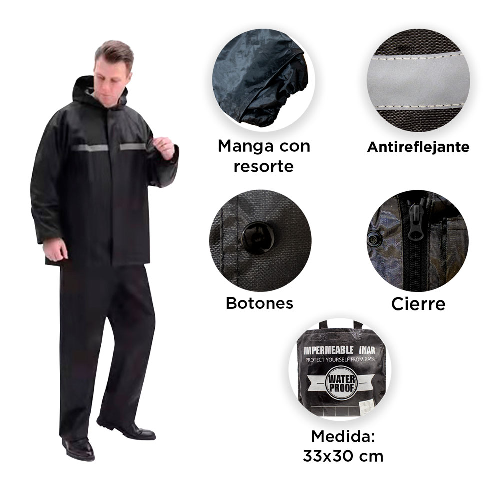 Traje Impermeable Negro con Gorro  Para Adulto 2 PZAS  con Reflejante Pantalon Y Chamarra Para Motociclista.
