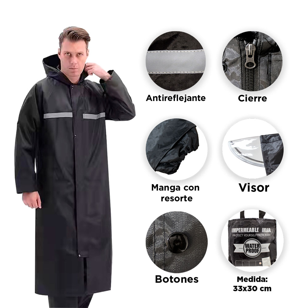 Impermeable Gabardina Negro Para Adulto Chamarra Chaqueta con Gorro con Visor