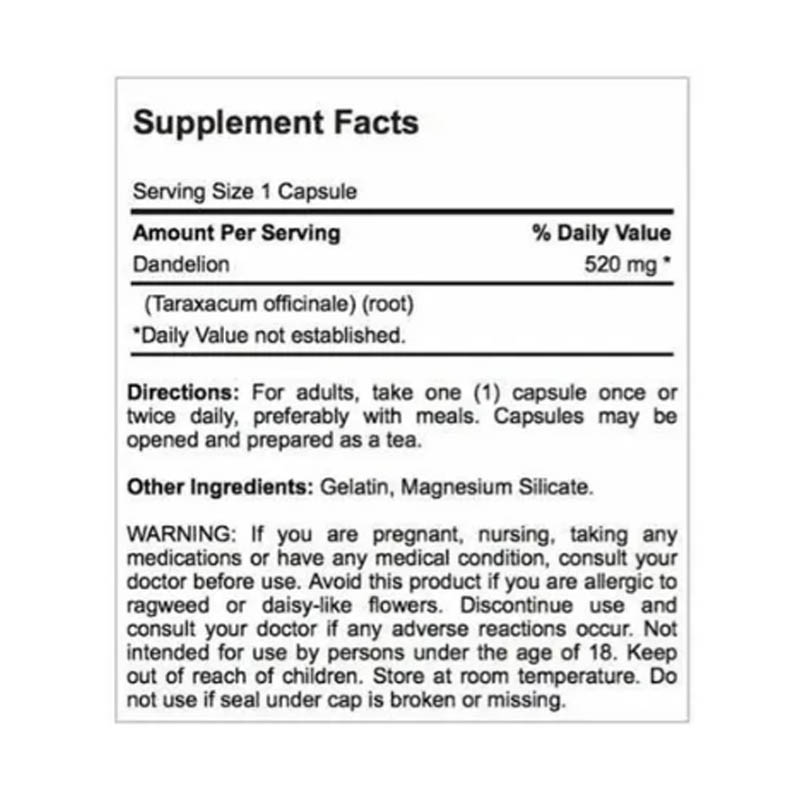 Diente De Leon Raiz 520 Mg 100 Caps Dandelion Root Estomacal Puritan's Pride 