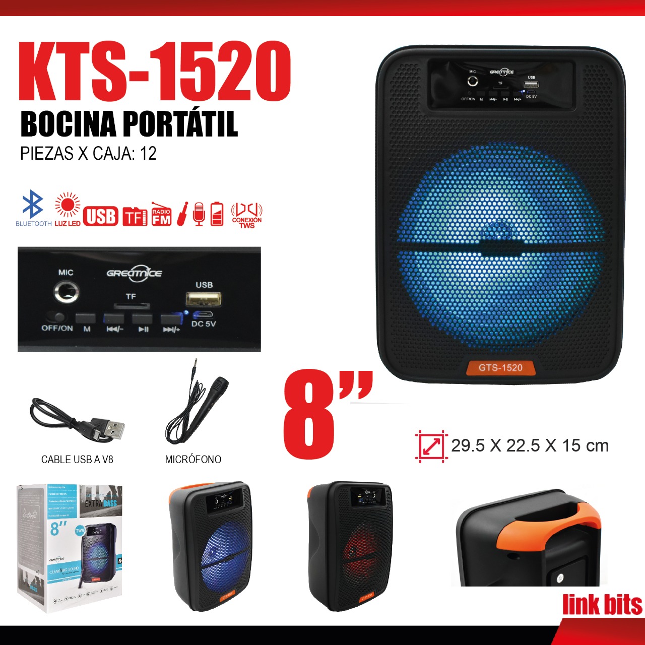 Bocina Bluetooth 8 Pulgadas Recargable Usb Micro Sd KTS-1520