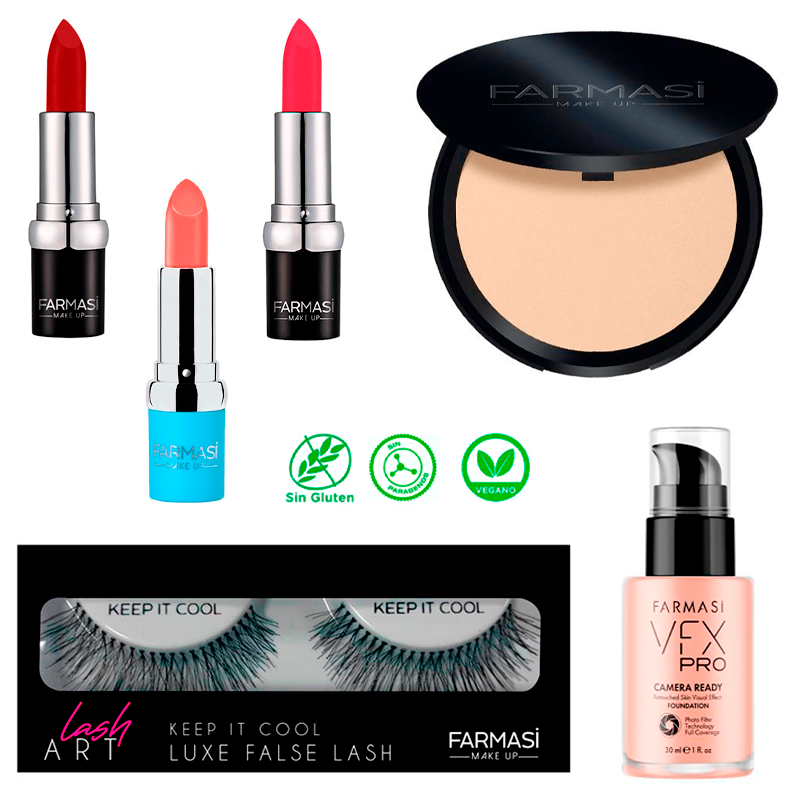 Maquillaje Facial Farmasi Polvo Compacto Base Labiales Pestañas Postizas Kit De Maquillaje