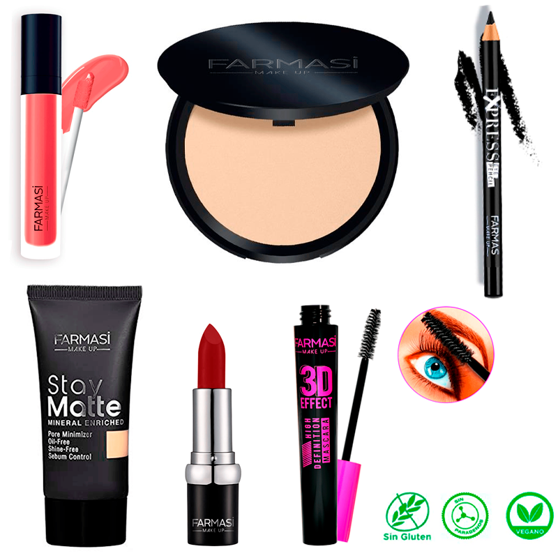 Kit De Maquillaje Labial De Alta Cobertura Polvo Compacto Base De maquillaje Mascara De pestañas Lapiz Para Ojos  Maquillaje Farmasi