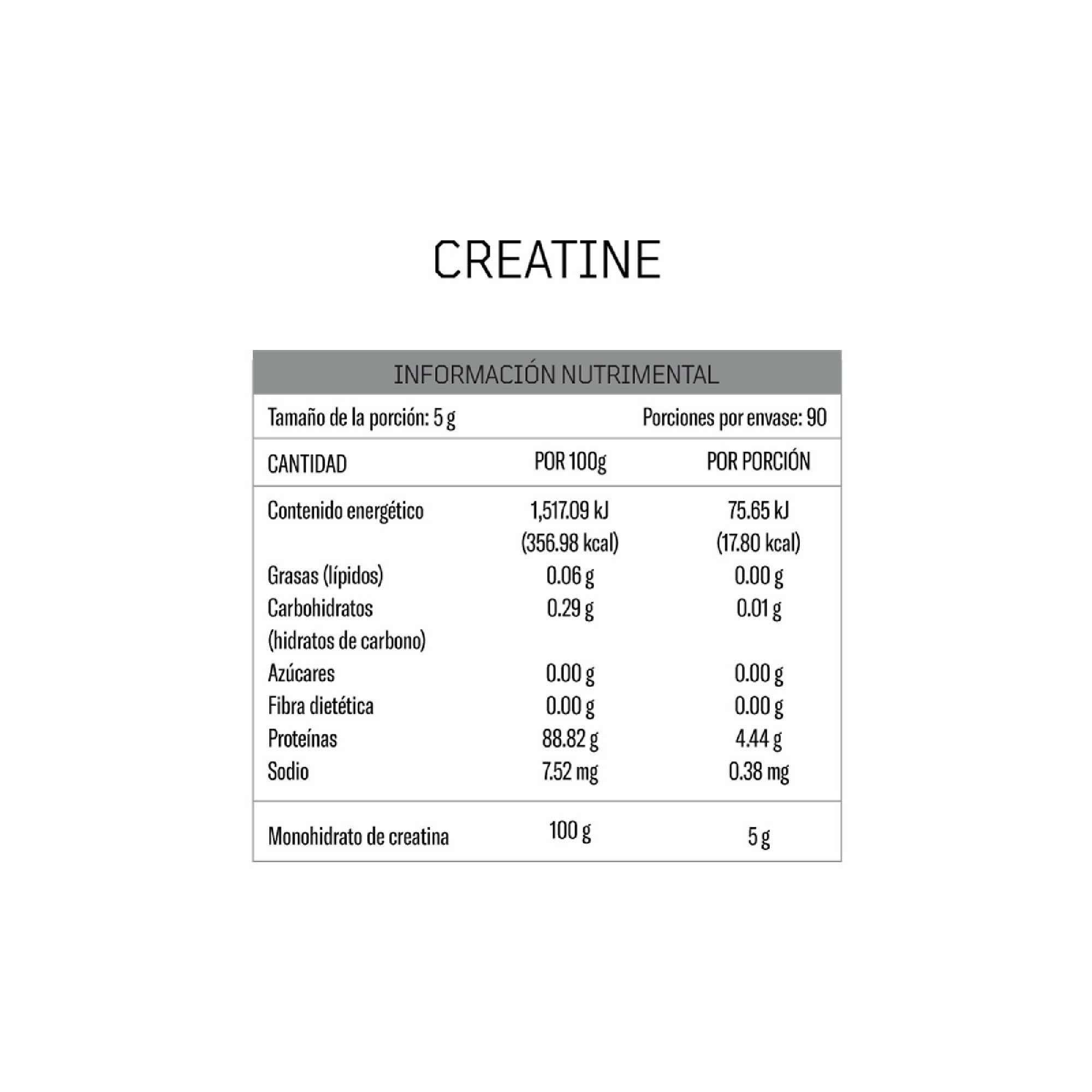 CREATINE | 90 porciones de 5g | 450g | 100% creatina | Sin saborizantes | Fuente de aminoácidos