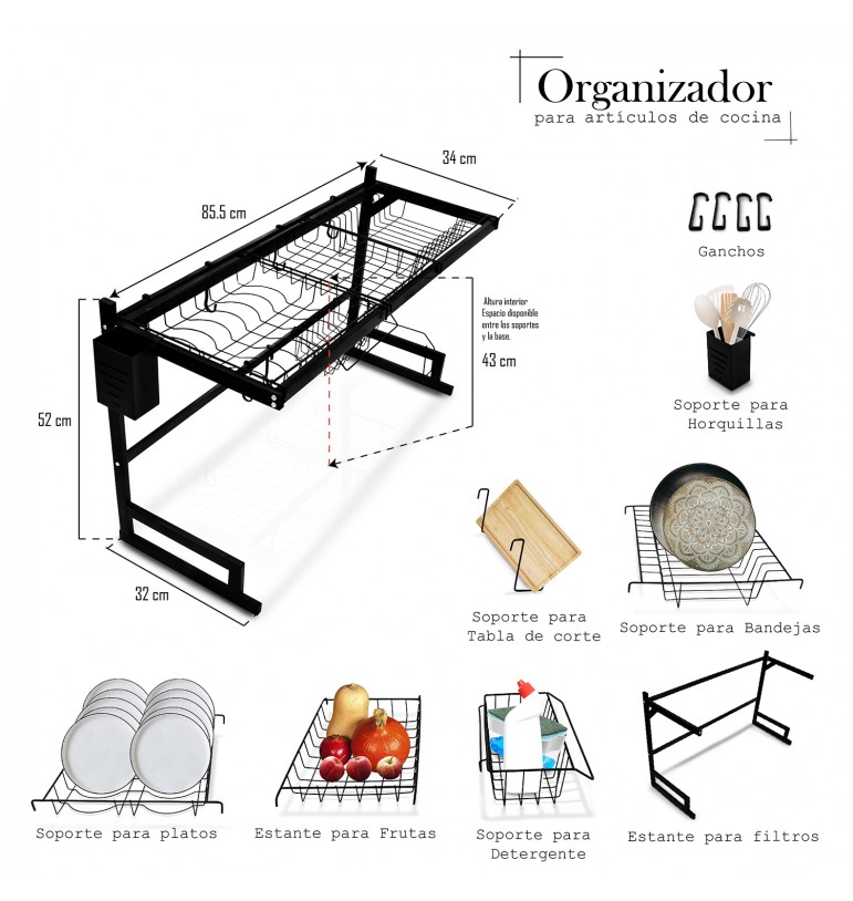 Escurridor para trastes platos de acero inoxidable 2 niveles sobre el fregadero