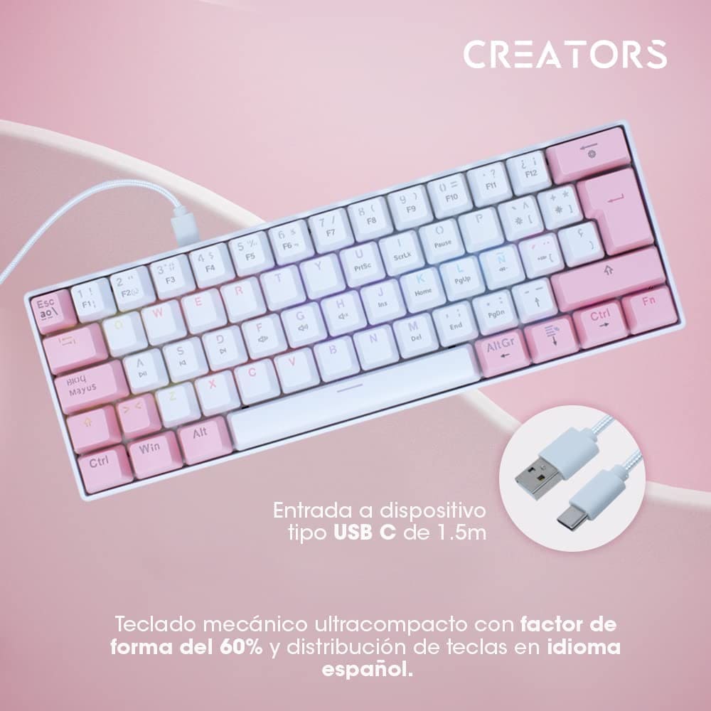 Teclado Mecánico USB, 60%, White Pearl 60-OC, Creators by Ocelot Gaming Iluminación RGB, 