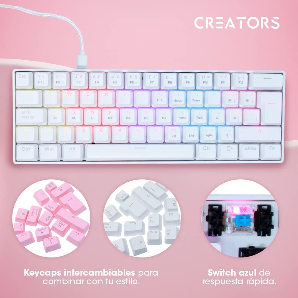 Teclado Mecánico USB, 60%, White Pearl 60-OC, Creators by Ocelot Gaming Iluminación RGB, 