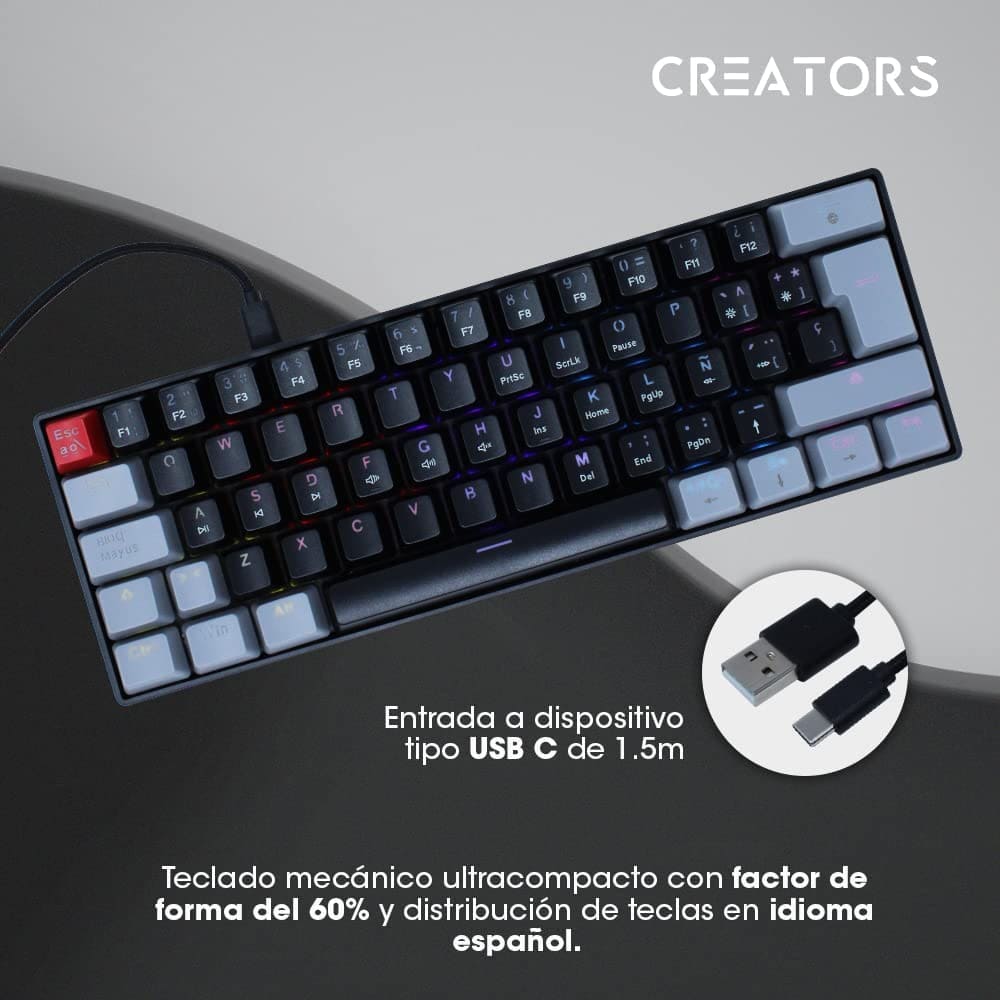 Teclado Ocelot Gaming Creators, Mecánico, USB, RGB, 60%, Techno Black.