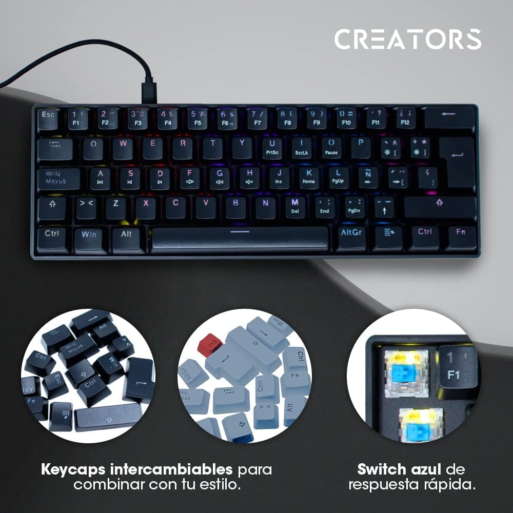 Teclado Ocelot Gaming Creators, Mecánico, USB, RGB, 60%, Techno Black.