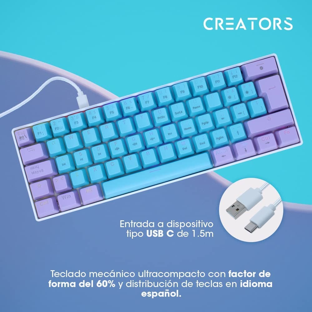 Teclado Ocelot Gaming Creators, Mecánico, USB, RGB, 60%, Candy Blue.