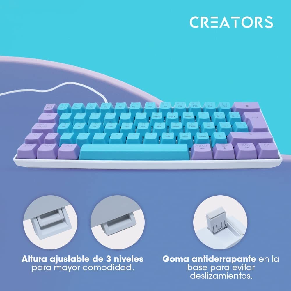 Teclado Ocelot Gaming Creators, Mecánico, USB, RGB, 60%, Candy Blue.