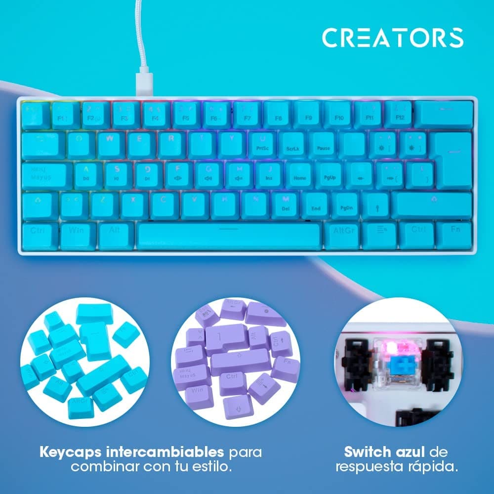Teclado Ocelot Gaming Creators, Mecánico, USB, RGB, 60%, Candy Blue.
