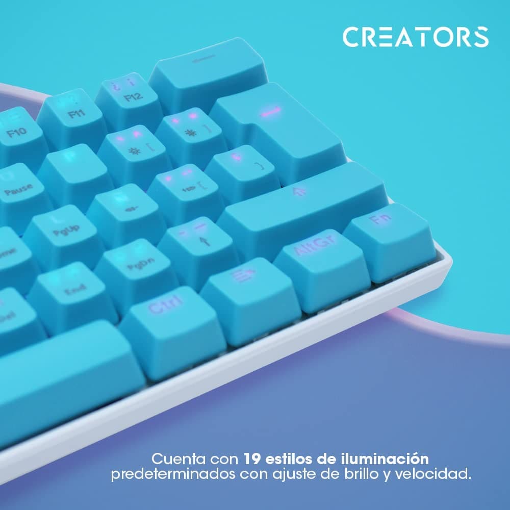 Teclado Ocelot Gaming Creators, Mecánico, USB, RGB, 60%, Candy Blue.
