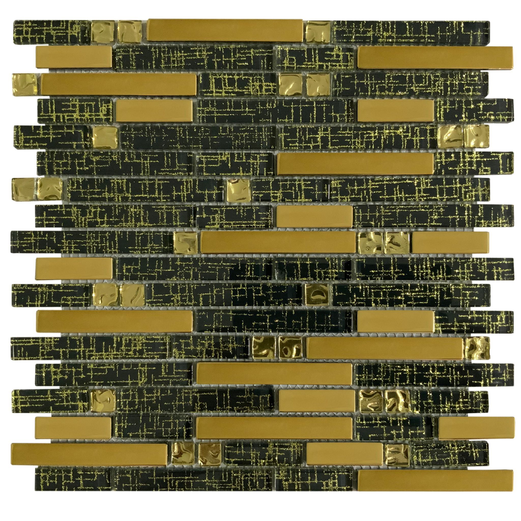 Malla o Mosaico Decorativo de Vidrio SAT, medidas 30 X 30 cms (base por altura).  Diseño en tonos negro y dorado con efecto metalizado y detalles en brillo. Caja de 5 piezas
