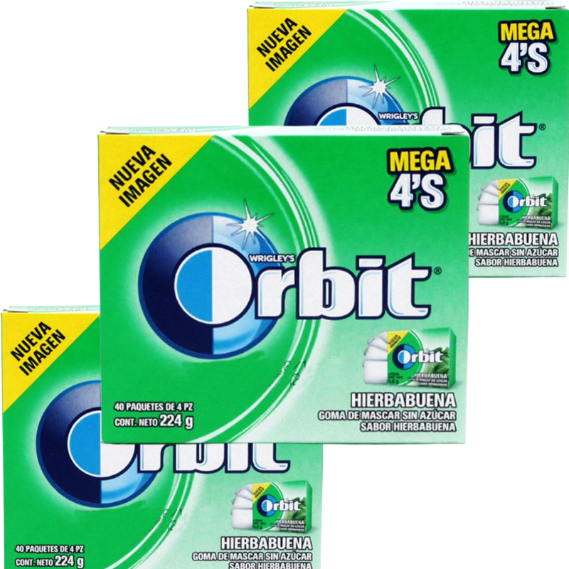 Paquete con 5 chicles Orbit Hierbabuena de 40 piezas c/u