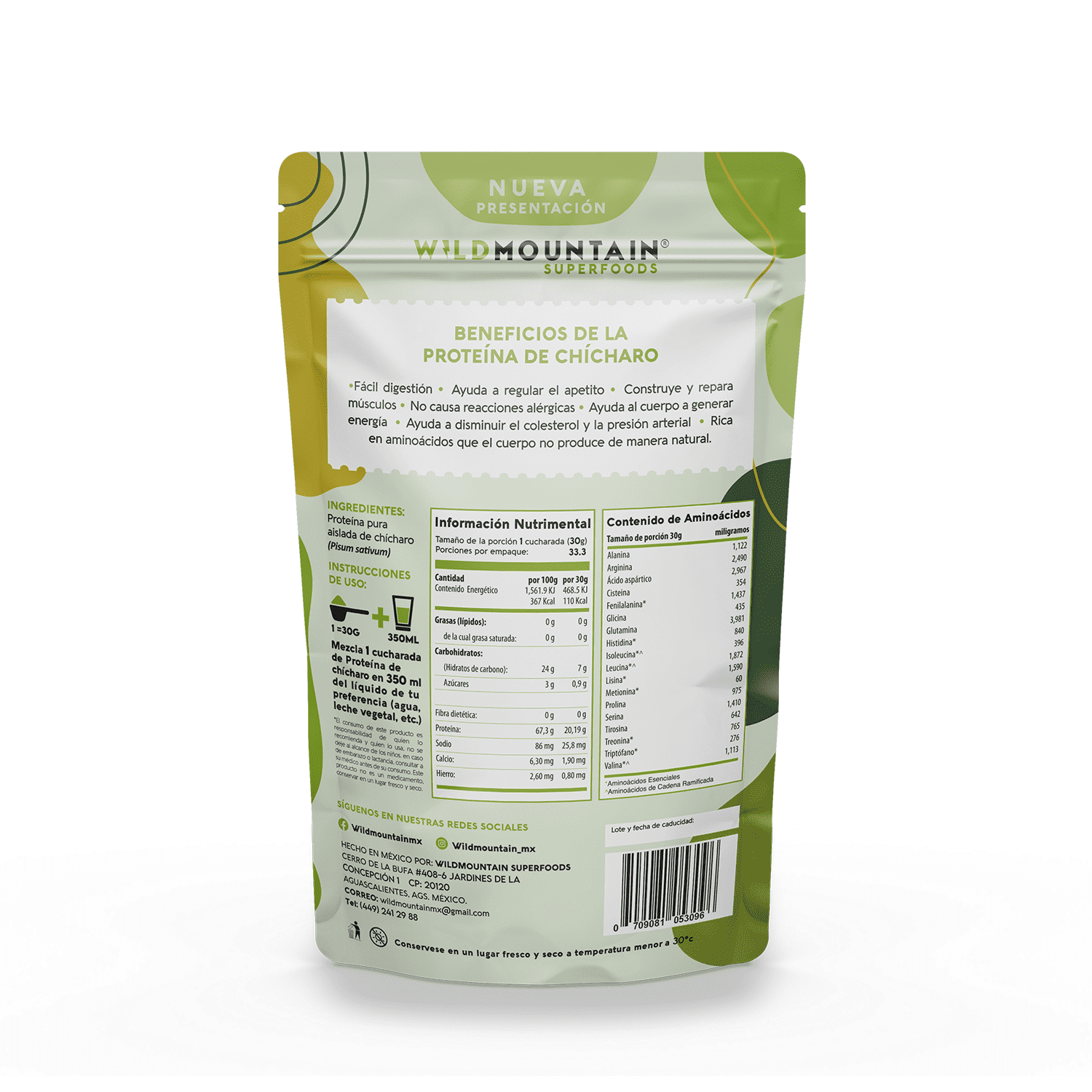 WILDMOUNTAIN PROTEIN - PROTEINA VEGANA - CHICHARO - BOLSA 1kg. Sin azúcar añadida, lácteos, gluten, soya, y OGM.