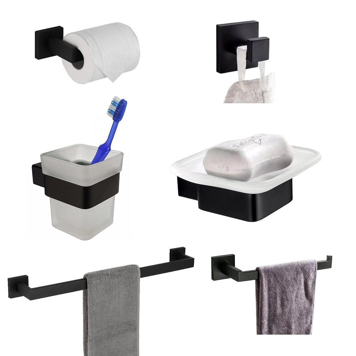Set De Accesorios Para Baño Negro Cuadrado Moderno