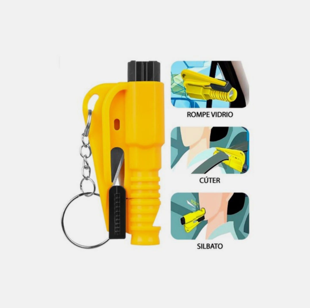 Llavero Rojo 3 En 1, Rompe Vidrios, Liberador Y Silbato