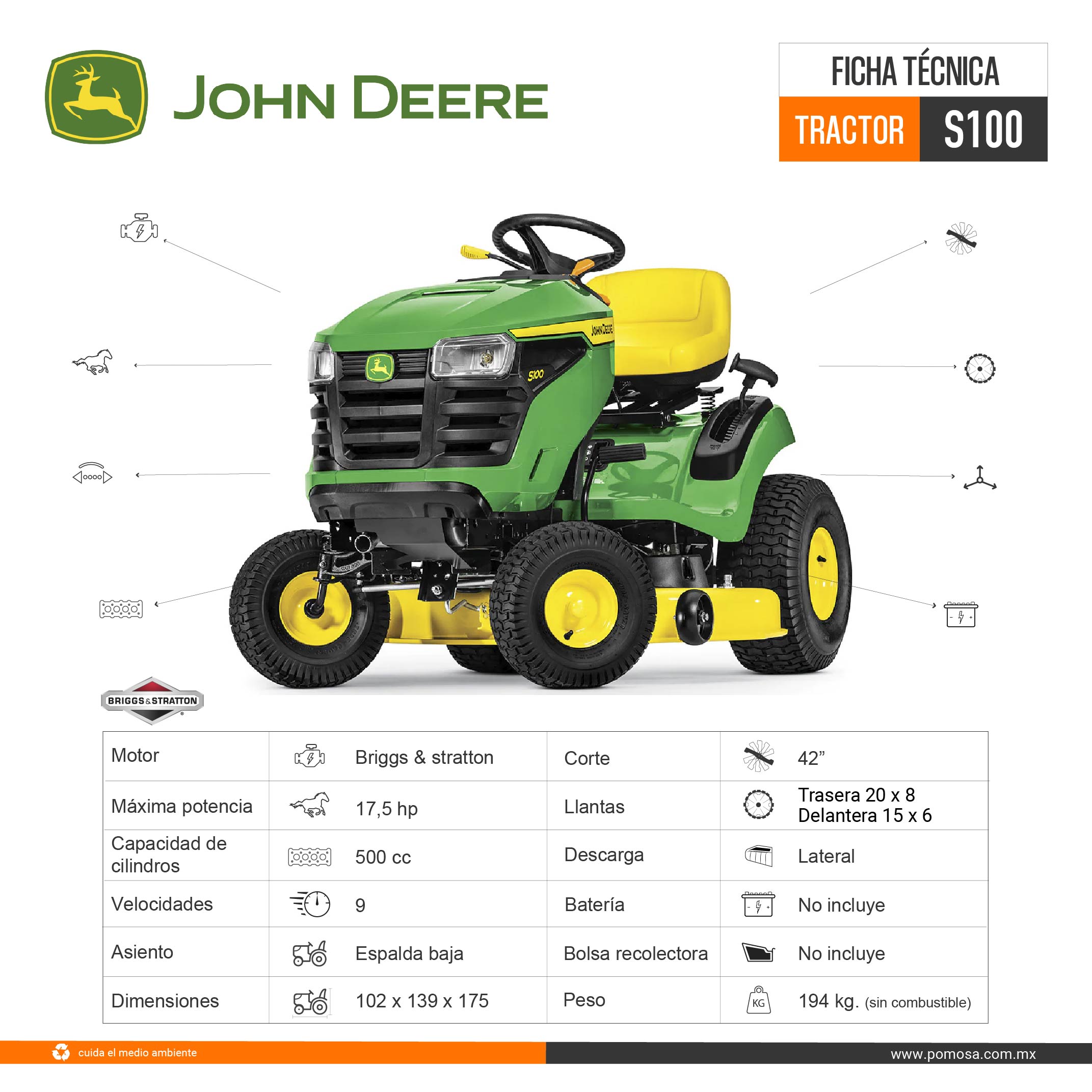 TRACTOR CORTACESPED 17.5 HP JOHN DEERE S100