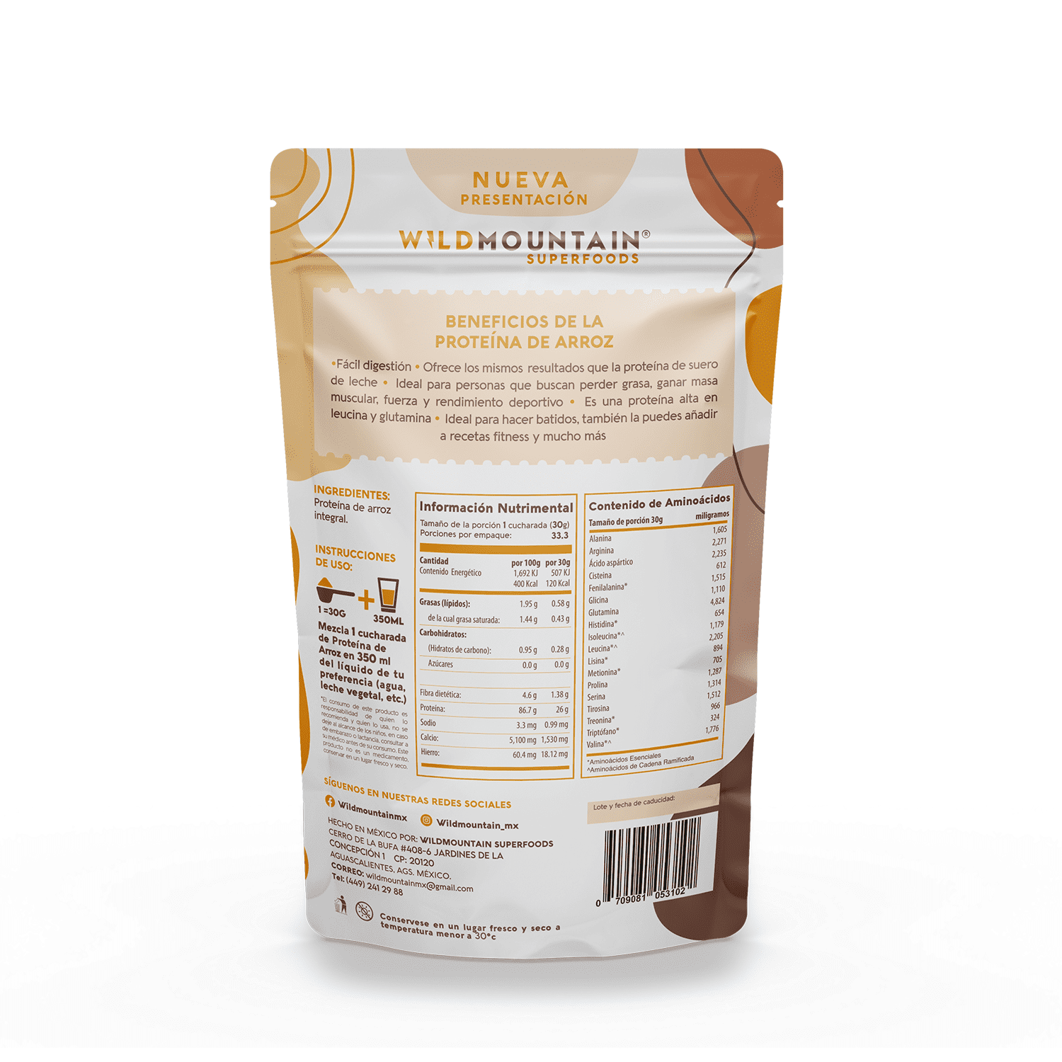 WILDMOUNTAIN - PROTEINA VEGANA DE ARROZ INTEGRAL - BOLSA 500gr. Sin endulzantes, sin colorantes, sin saborizantes.