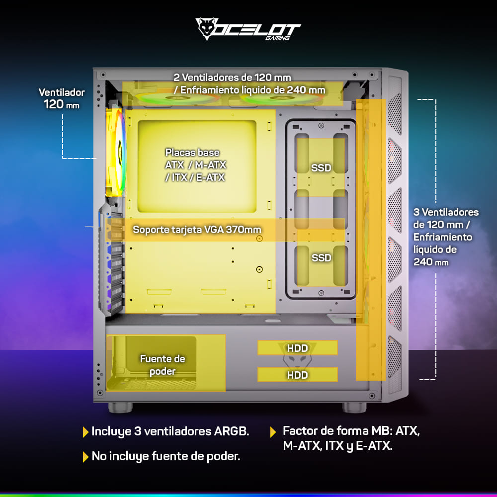 Gabinete Ocelot Gaming OG-C White Blixard, E-ATX, Cristal Templado, sin Fuente, Blanco.