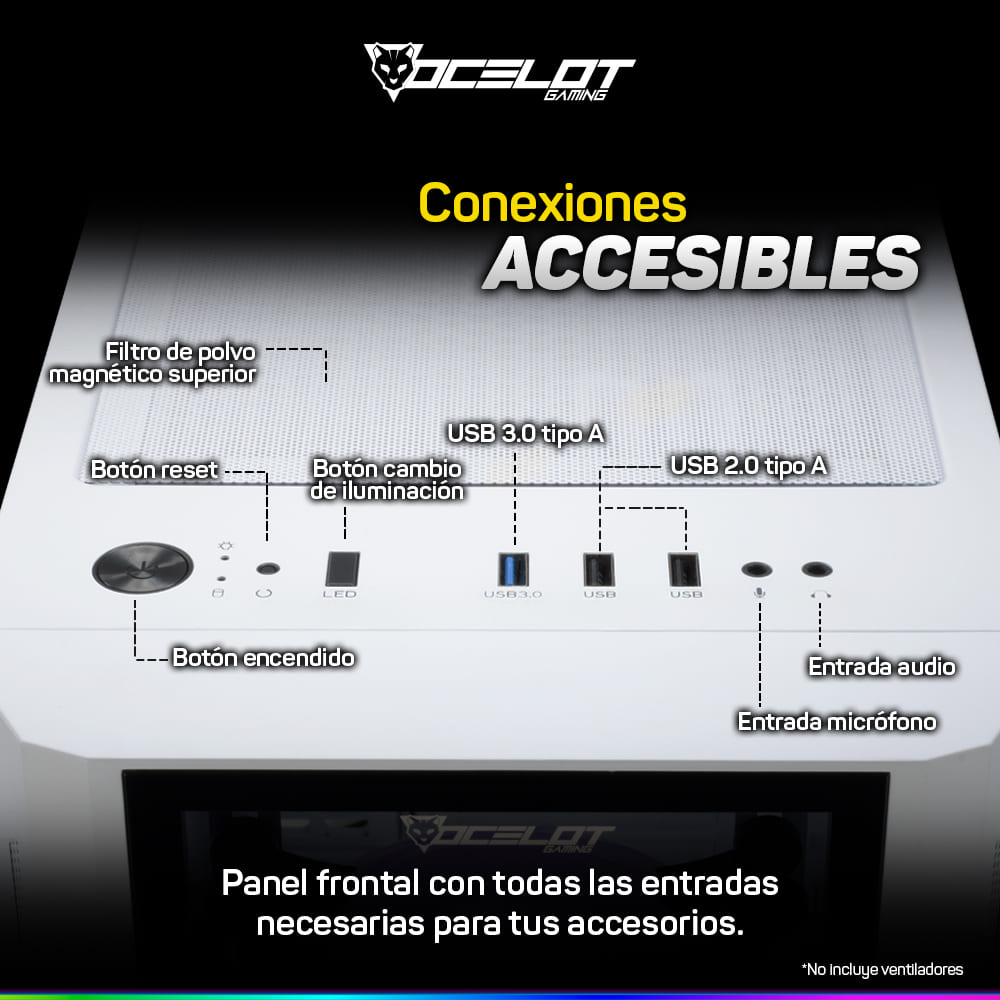 Gabinete Ocelot Gaming OG-C White Blixard, E-ATX, Cristal Templado, sin Fuente, Blanco.