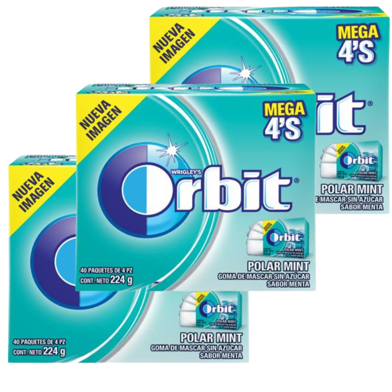 Paquete con 5 Chicles Orbit Polar Mint de 40 piezas c/u 