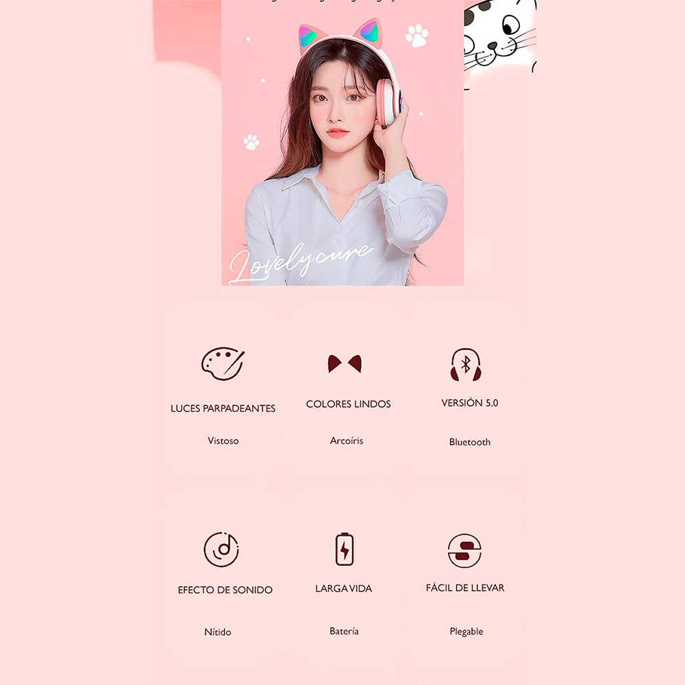 Brandtrendy Audífonos Auriculares Bluetooth inalámbricos con Forma de Orejas de Gato Plegables y portátiles con Control de Volumen y luz LED Conexión Estable y Sonido Claro para niños y niñas