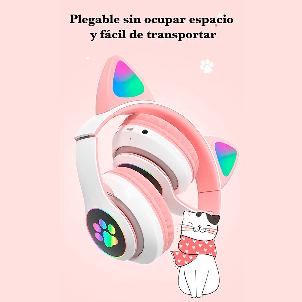 Brandtrendy Audífonos Auriculares Bluetooth inalámbricos con Forma de Orejas de Gato Plegables y portátiles con Control de Volumen y luz LED Conexión Estable y Sonido Claro para niños y niñas