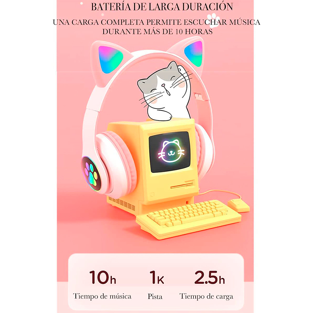 Brandtrendy Audífonos Auriculares Bluetooth inalámbricos con Forma de Orejas de Gato Plegables y portátiles con Control de Volumen y luz LED Conexión Estable y Sonido Claro para niños y niñas