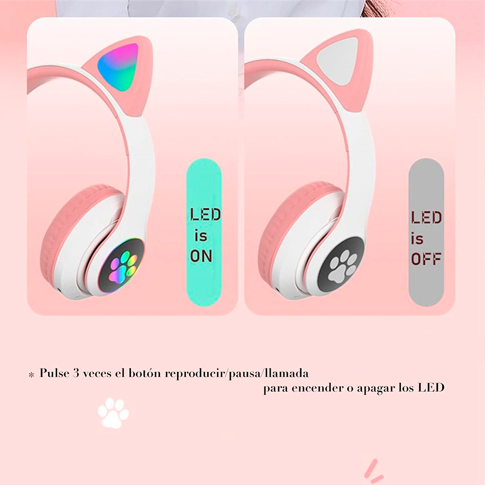 Brandtrendy Audífonos Auriculares Bluetooth inalámbricos con Forma de Orejas de Gato Plegables y portátiles con Control de Volumen y luz LED Conexión Estable y Sonido Claro para niños y niñas