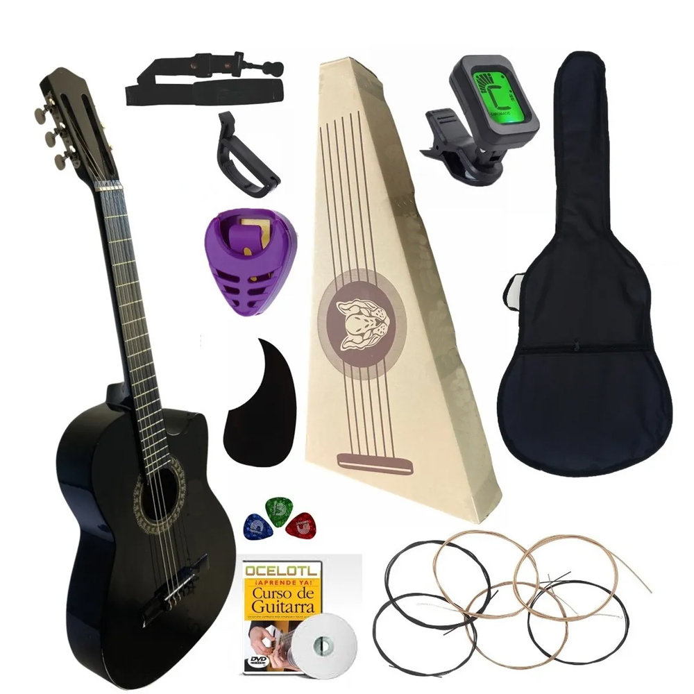 Kit Guitarra Acústica Curva Negra Paquete Vital De Accesorios 