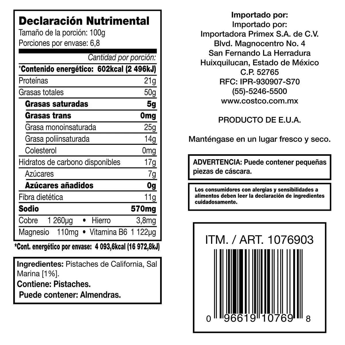 Pistaches Sin Cáscara Tostados Y Salados 680g Kirkland